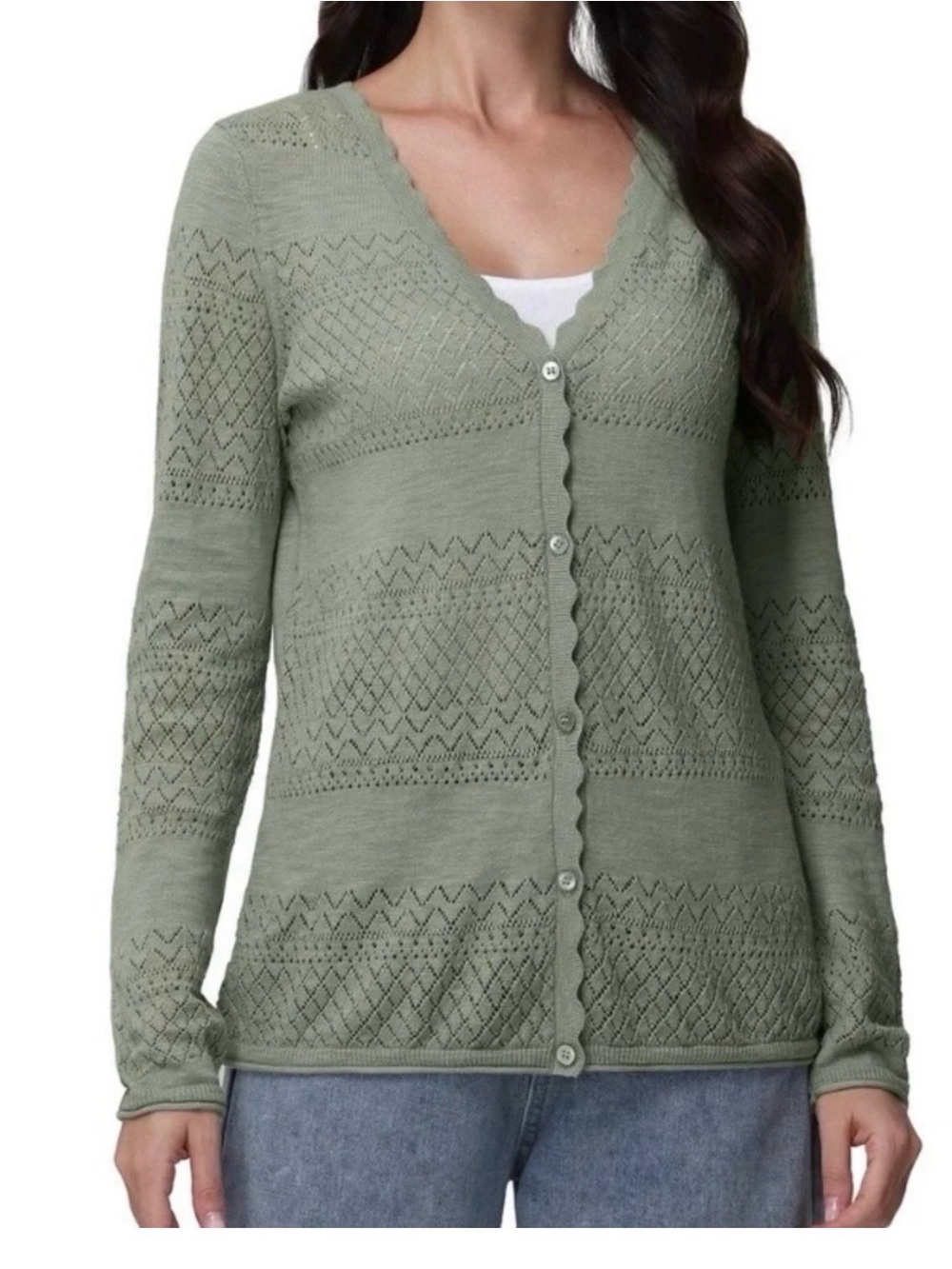 Frye Sage Green Pointelle Button-Front Cardigan